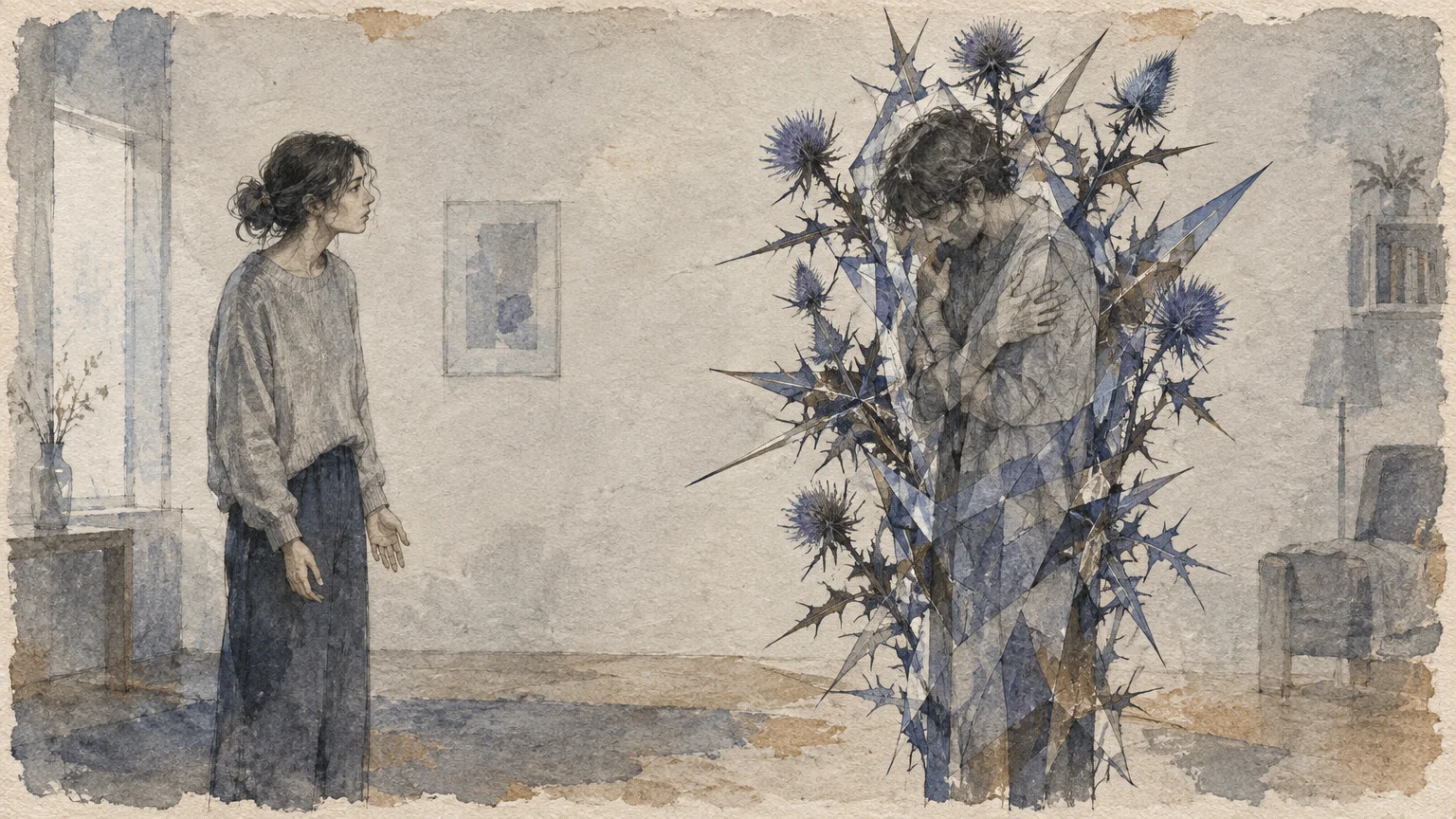 Watercolor illustration of a woman looking at a hunched man enveloped by sharp, crystalline thistles in a minimalist room.