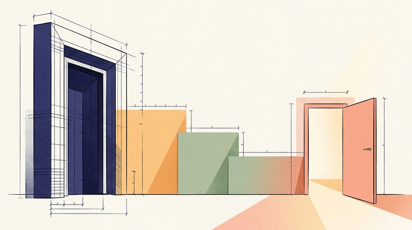 Architectural sketch showing a large blue doorway frame, descending colored blocks, and an open peach-colored door.