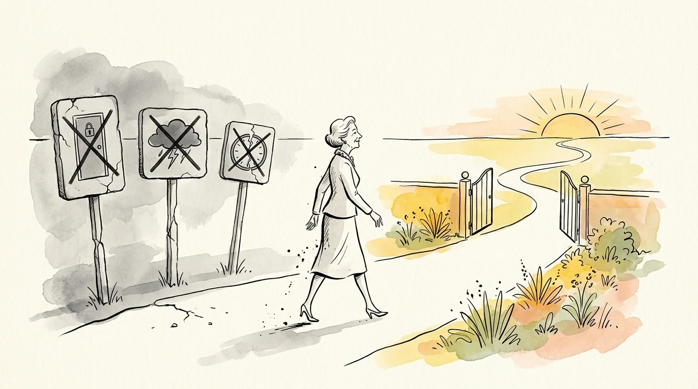 Watercolor illustration of an older woman walking past crossed-out signs toward an open gate and a bright sunrise.