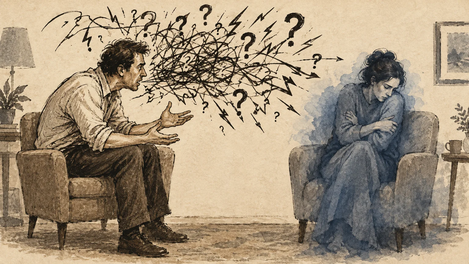 Illustration of a man arguing with sharp scribbles and question marks directed at an overwhelmed woman in an armchair.