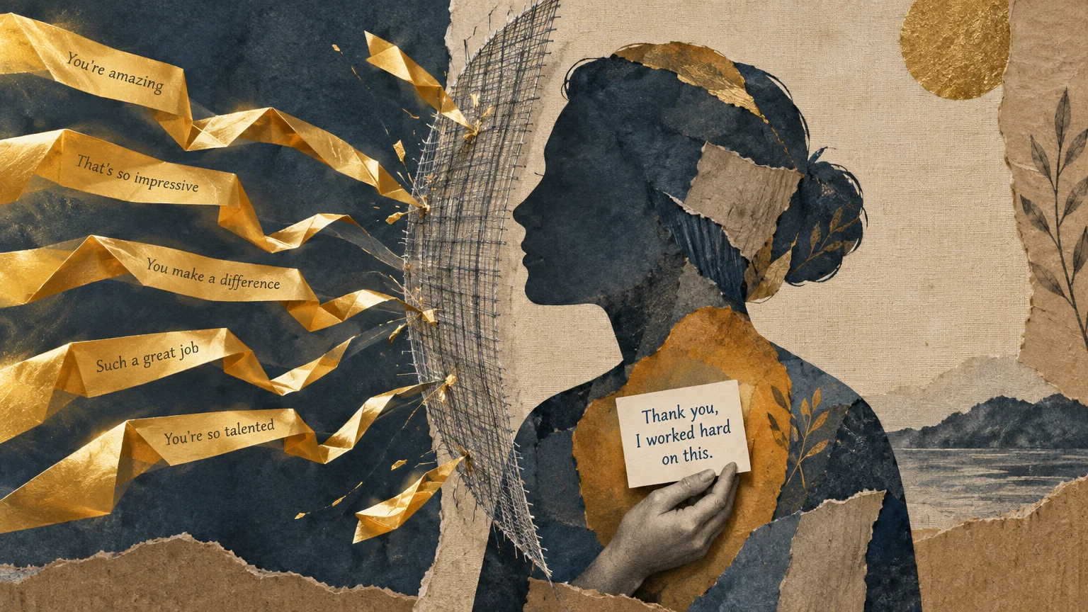 Mixed-media collage of a woman's silhouette shielded against incoming golden ribbons inscribed with compliments.