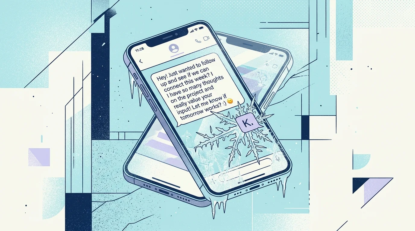 Frozen smartphone showing a long friendly message answered by a cold, icy text bubble reading K.