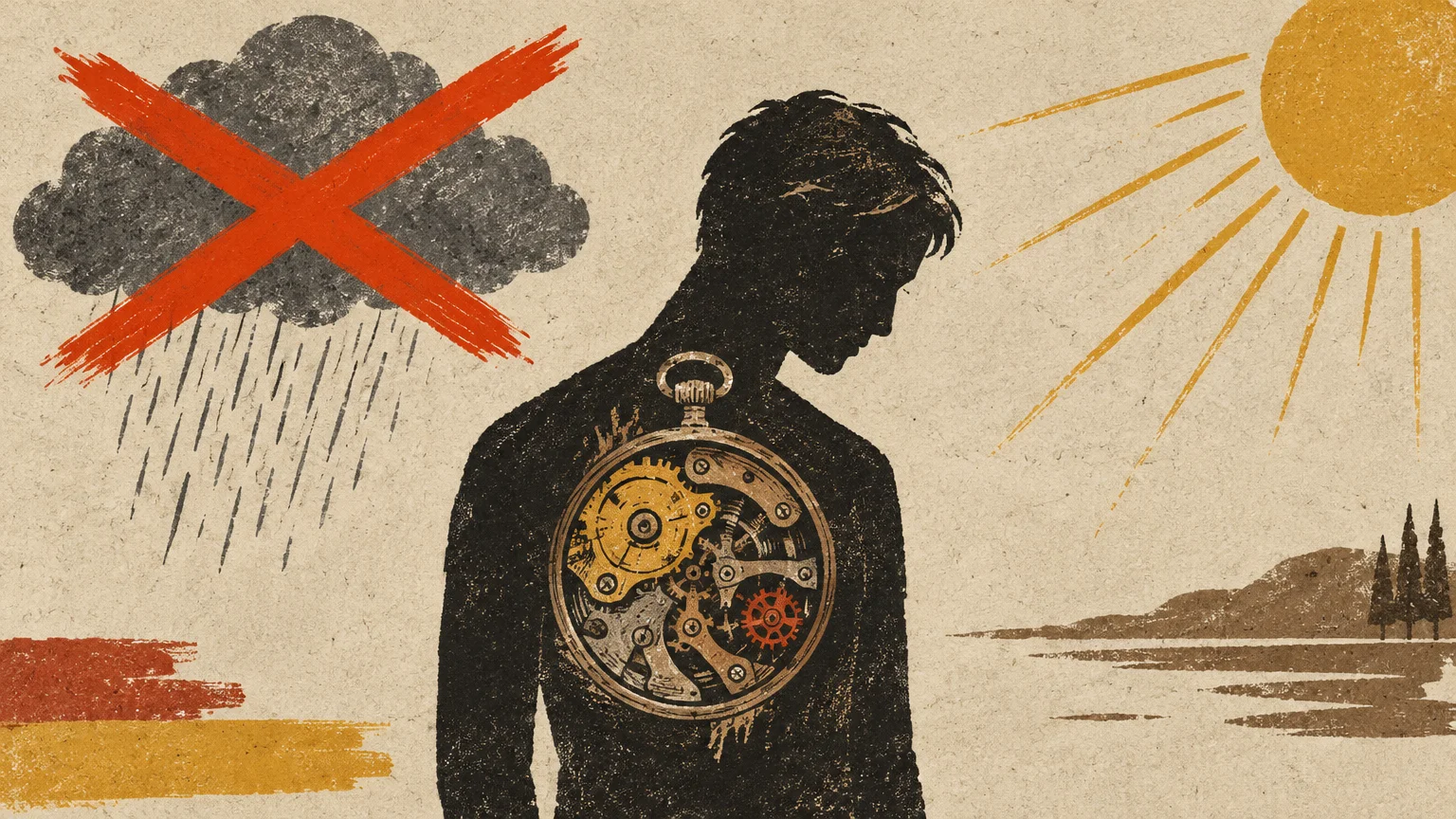 Silhouette of a person with clockwork gears in their chest, set between a crossed-out rain cloud and a shining sun.