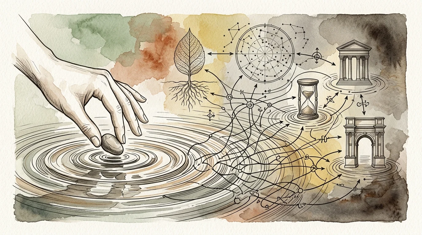 Watercolor sketch of a hand dropping a stone into water ripples connected by arrows to an hourglass and monuments.