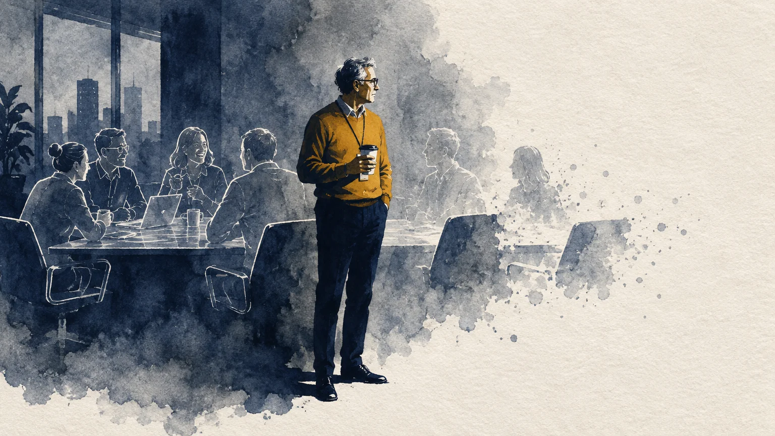 Watercolor illustration of an older man with coffee standing beside a conference table where coworkers fade into white.