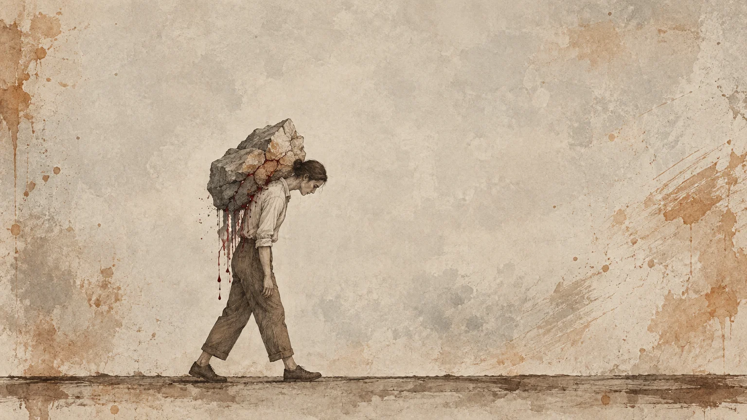 Illustration of a woman walking with a bowed head while carrying a heavy, bleeding cracked boulder on her back.