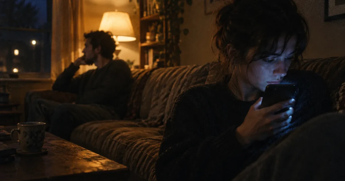 Woman sitting on a dim sofa looking down at her glowing smartphone screen while a man sits distant in the background.