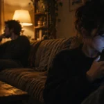 Woman sitting on a dim sofa looking down at her glowing smartphone screen while a man sits distant in the background.