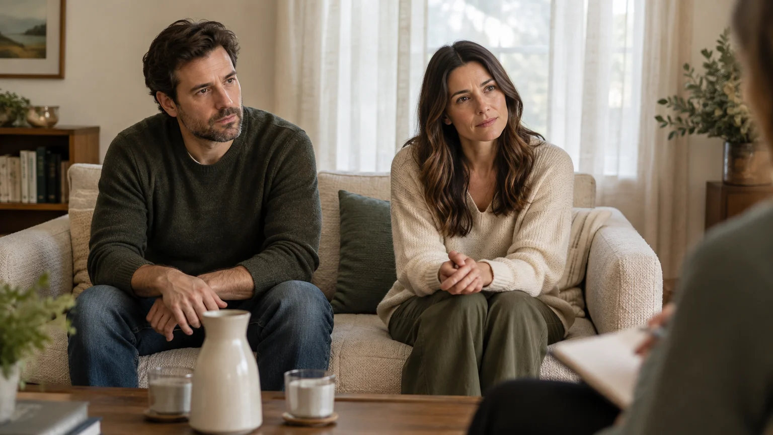 A man and woman sit attentively on a living room sofa, listening to an unseen counselor holding a notepad.