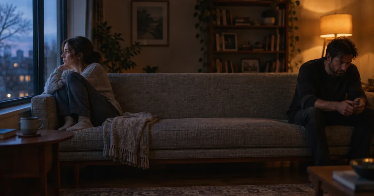 A man and woman sit at opposite ends of a long sofa in a dimly lit living room, looking away from each other.