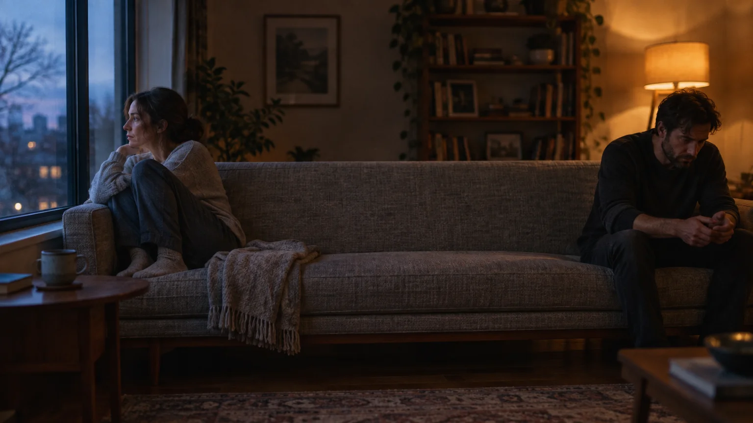A man and woman sit at opposite ends of a long sofa in a dimly lit living room, looking away from each other.