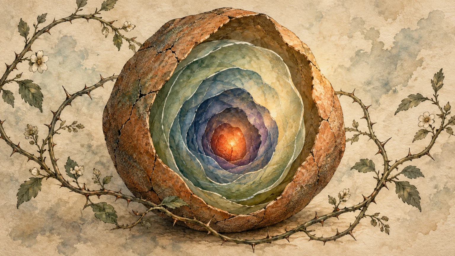 Illustration of a cracked stone sphere wrapped in thorny vines, revealing concentric layered shells around a glowing core.
