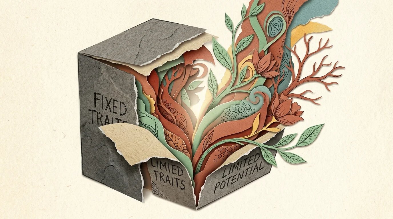 Paper-cut illustration of a torn gray box labeled with fixed traits, bursting open with colorful plants and flowers.