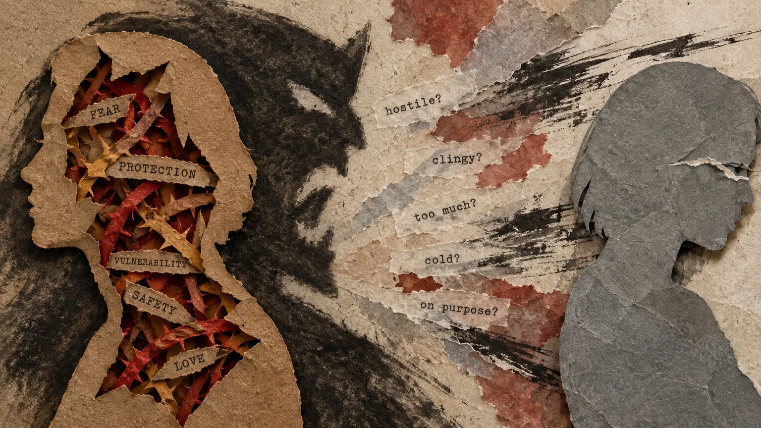 Paper collage of two profile silhouettes with torn paper text labels, thorns, and a shadowed yelling figure between them.