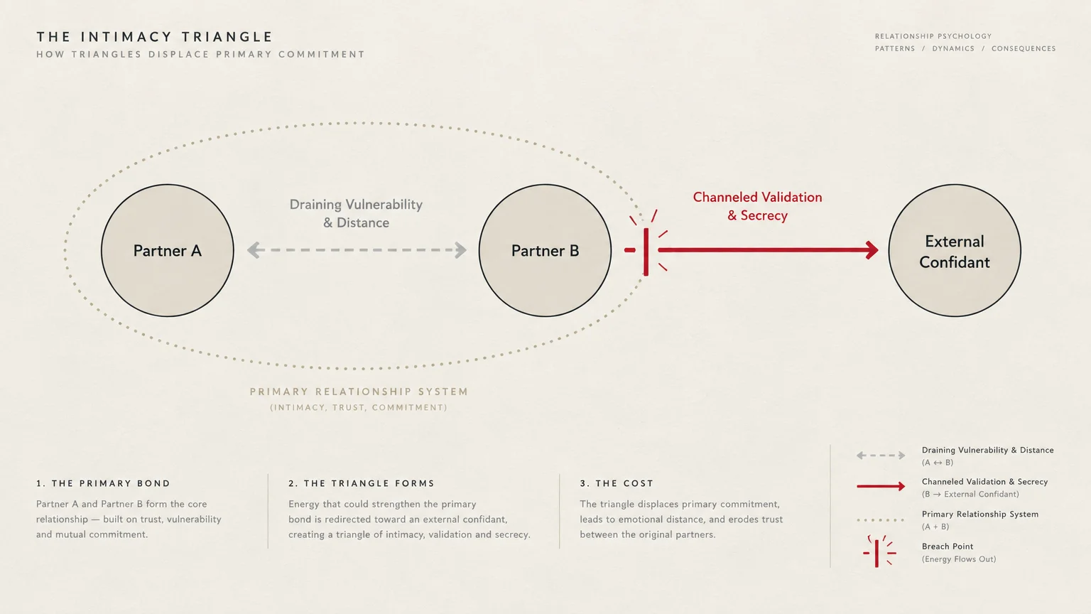 Diagram showing an intimacy triangle where Partner B redirects validation and secrecy outward to an external confidant.
