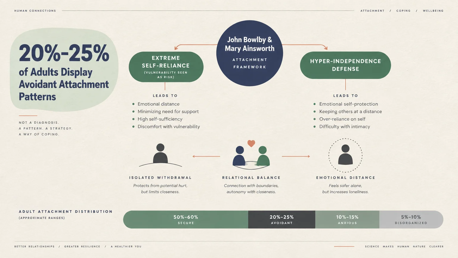 Diagram outlining avoidant attachment frameworks, coping mechanisms, and adult attachment distribution percentages.