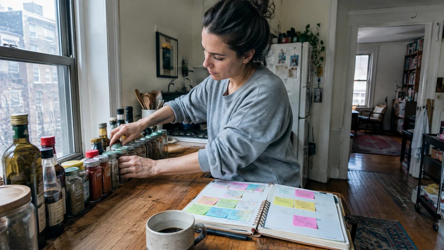 A woman arranges spice jars in a row on a wooden kitchen counter next to an open planner with sticky notes.