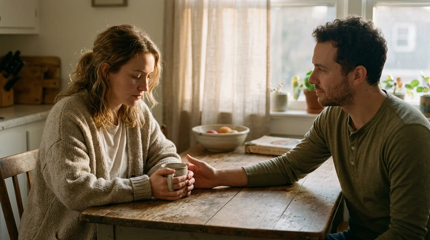 A man and woman sit across a rustic wooden table, with the man gently reaching across to comfort her.