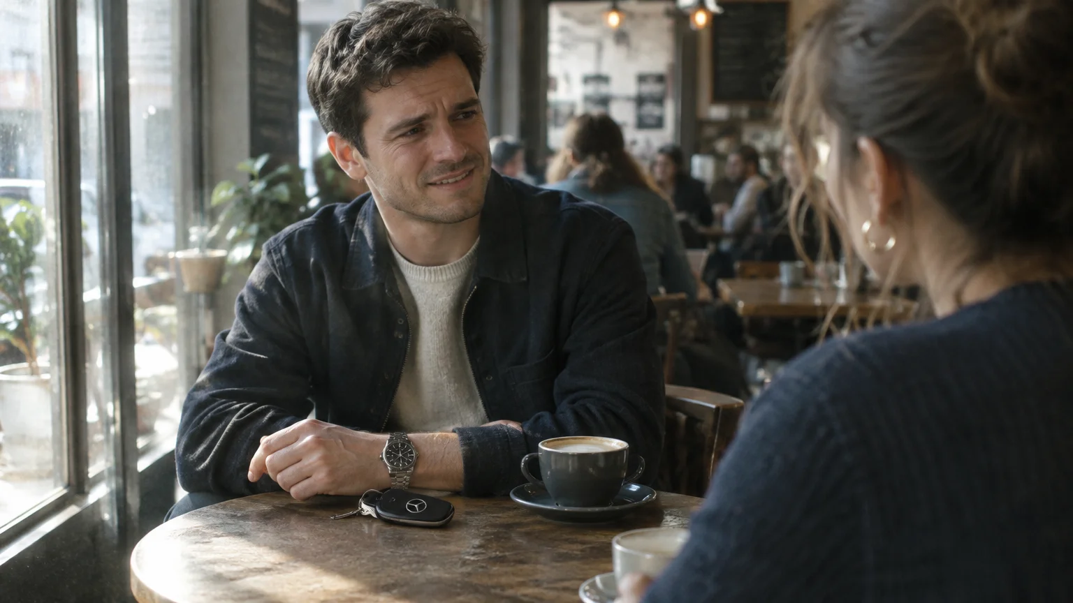 A man talking across a cafe table to a woman, wearing a watch with car keys and coffee on the table.