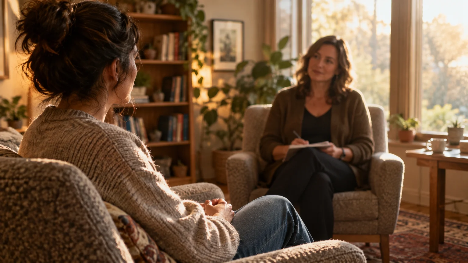A woman sitting in an armchair speaks with a therapist holding a notepad in a sunlit, cozy living room.