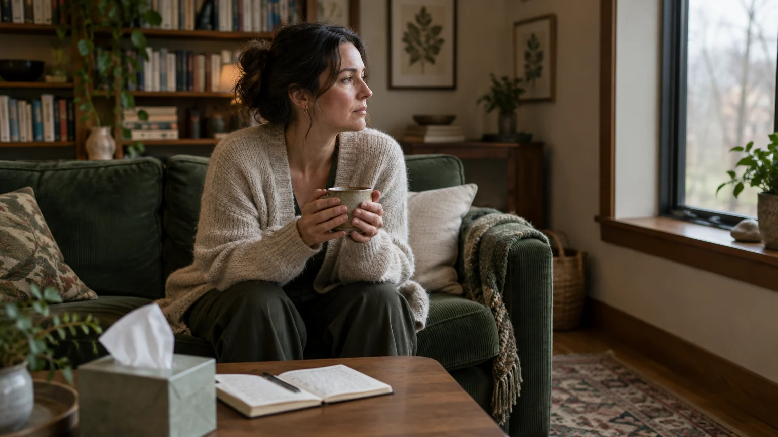 A woman sitting on a green sofa holding a mug, gazing thoughtfully toward a window next to a journal and tissues.