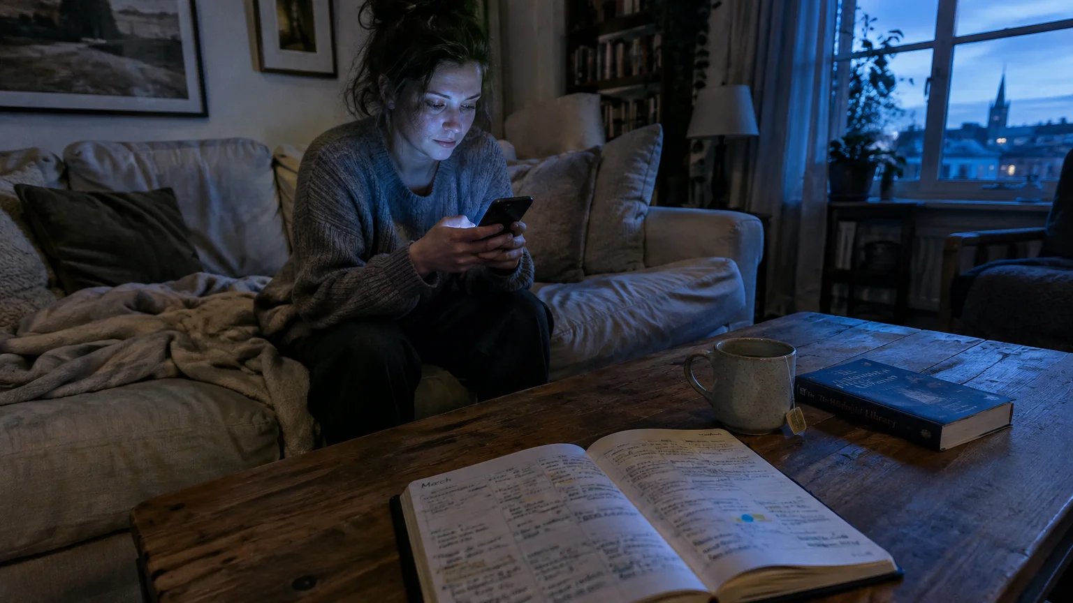 A woman sitting on a couch in dim light checks her phone near a planner, mug, and book on the coffee table.