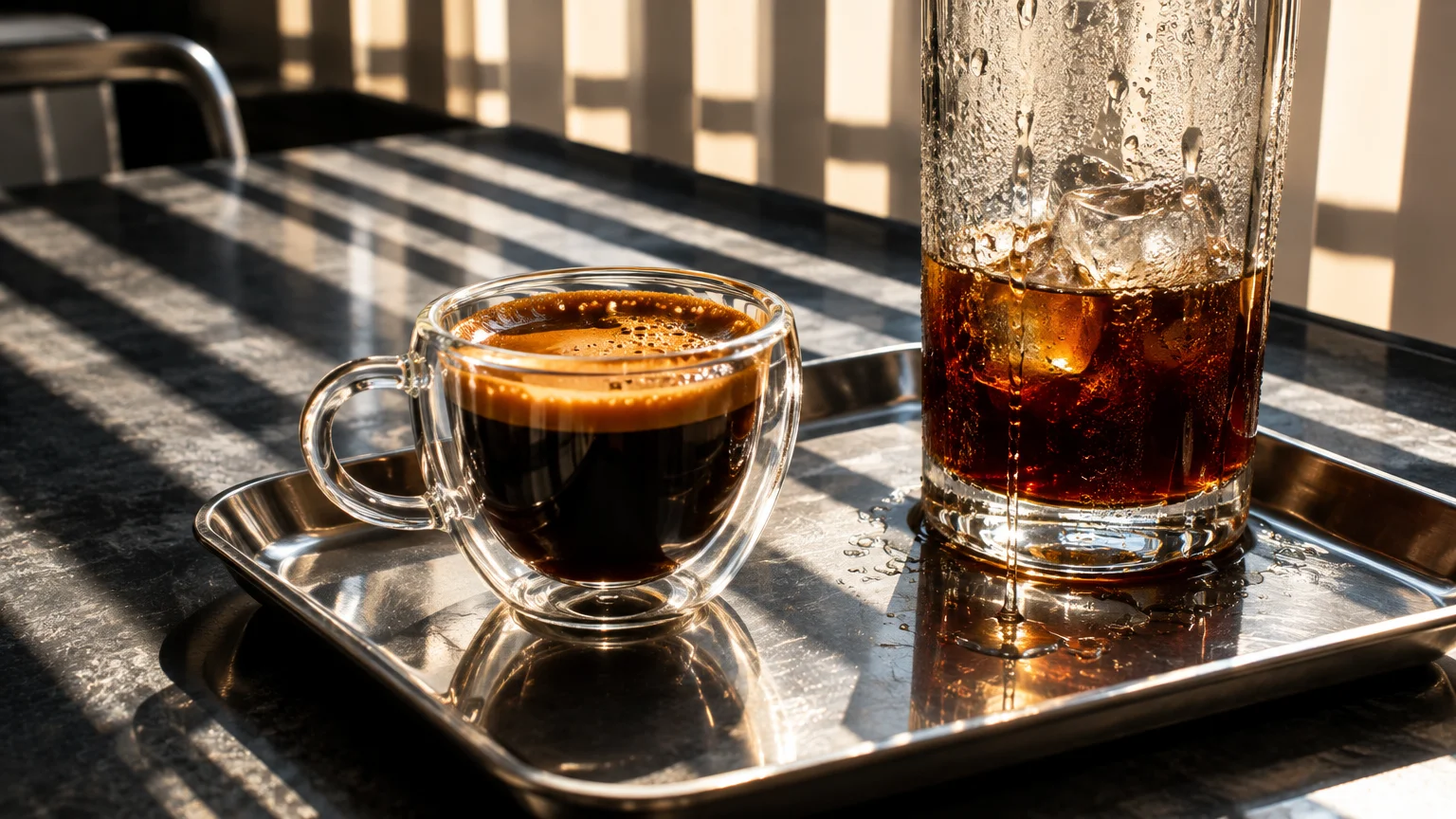 A glass cup of espresso and a tall glass of iced coffee sit on a metal tray under slatted sunlight.