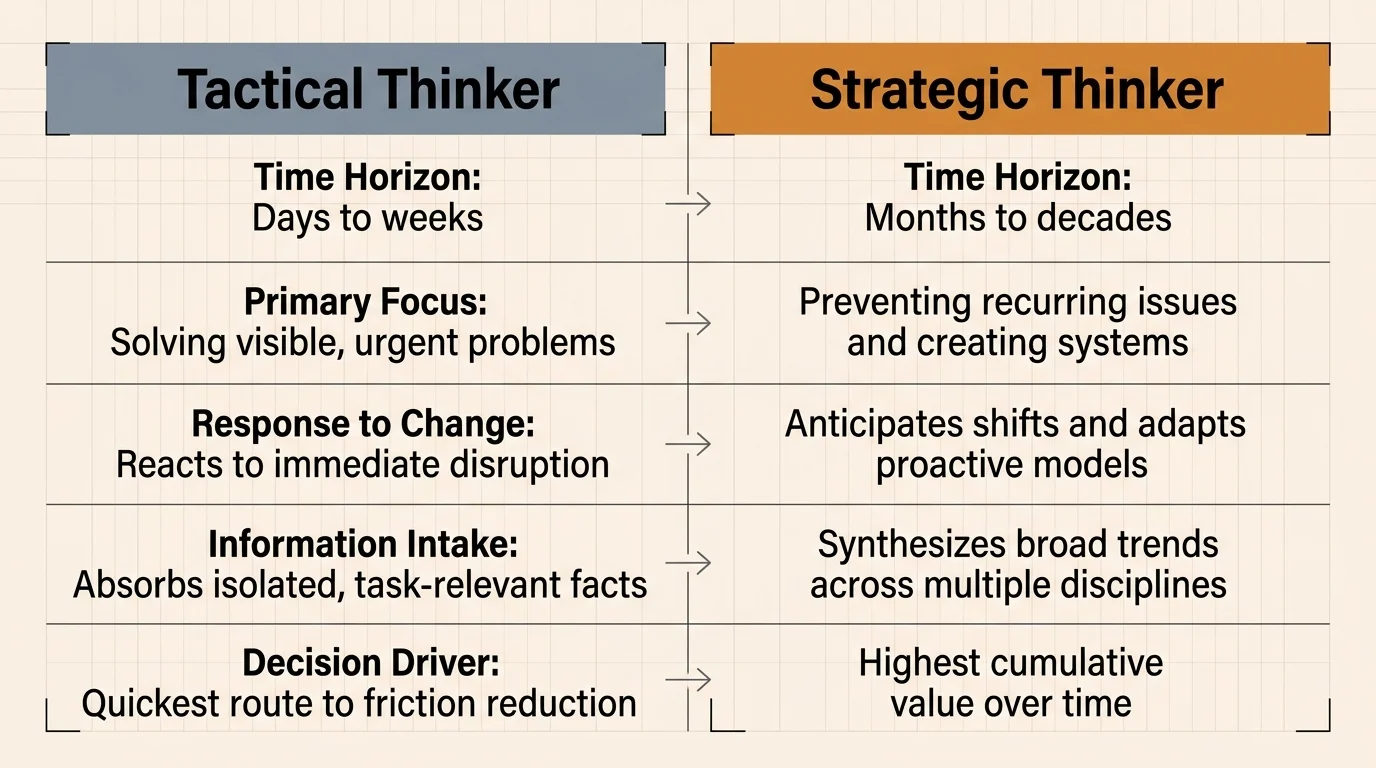 Comparison chart contrasting Tactical Thinker and Strategic Thinker across five dimensions like Time Horizon and Primary Focus.