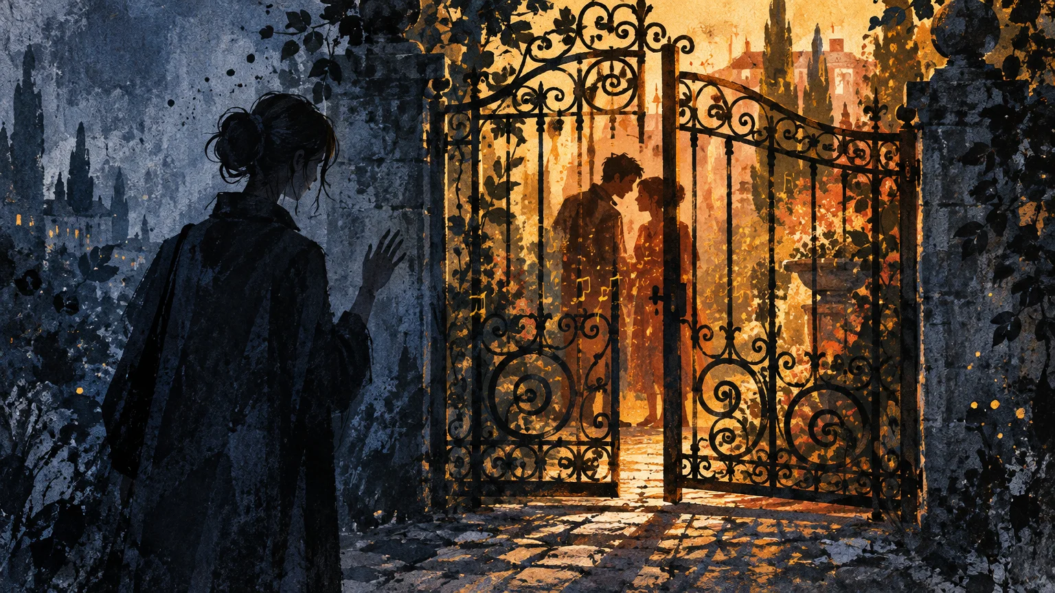 Illustration of a woman in shadow watching a couple standing close together inside a brightly lit, gated garden.