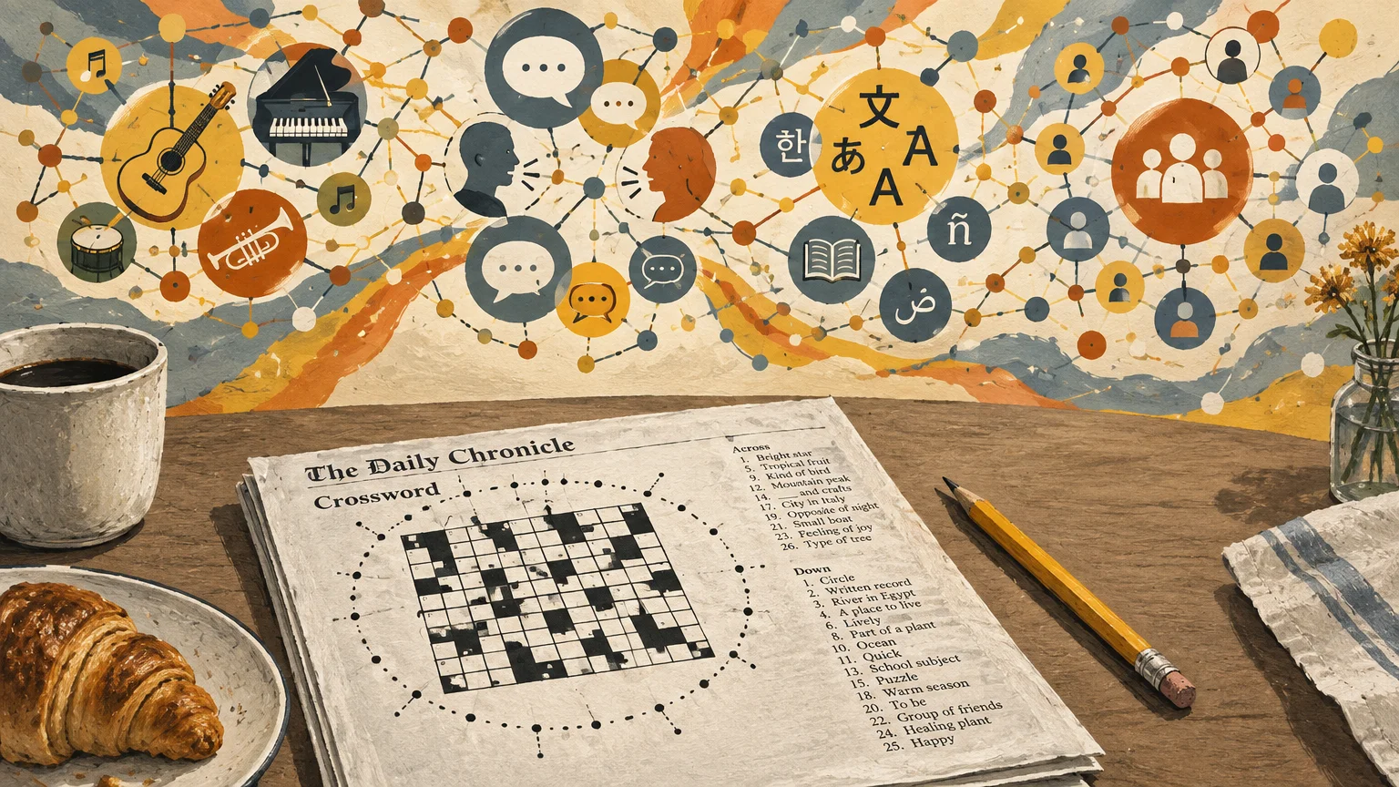 Crossword puzzle on a table with coffee and croissant, beneath an illustrated network of music, language, and social icons.