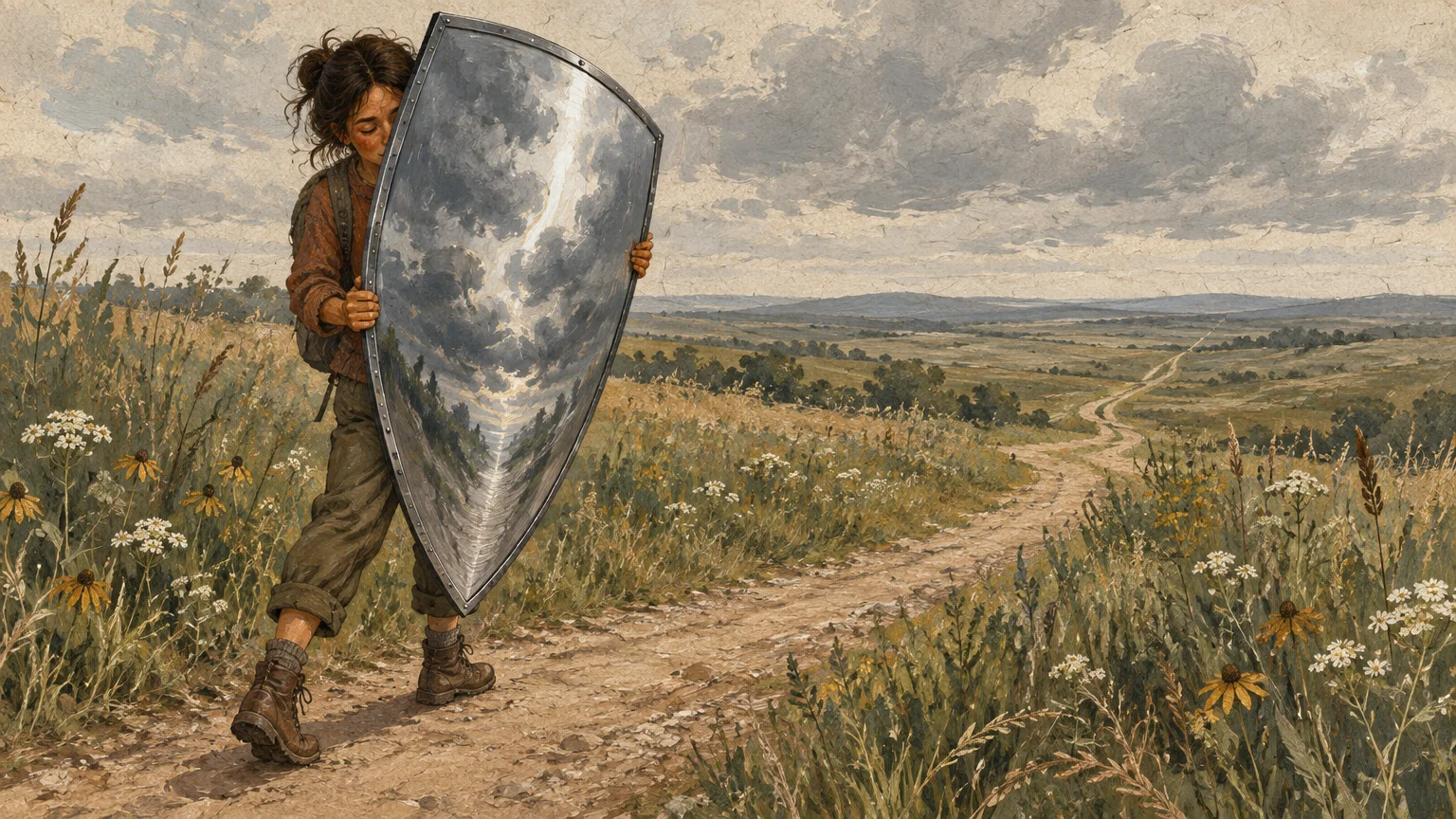 Illustration of a woman walking along a dirt road carrying a large metallic shield that reflects the cloudy sky.