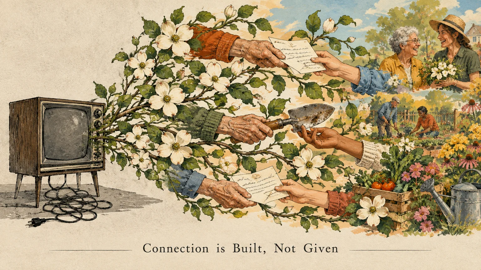 Illustration of flowering vines emerging from a vintage TV, with hands sharing letters and tools toward sunny garden scenes.