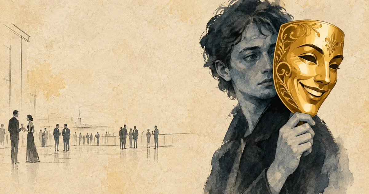 Illustration of a somber young man holding a smiling golden mask beside distant partygoers.