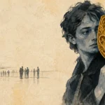 Illustration of a somber young man holding a smiling golden mask beside distant partygoers.