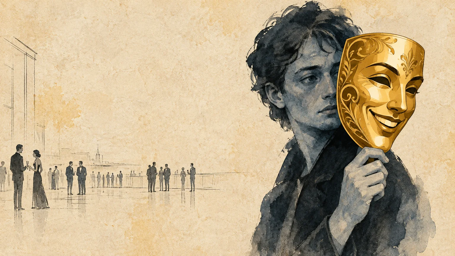 Illustration of a somber young man holding a smiling golden mask beside distant partygoers.