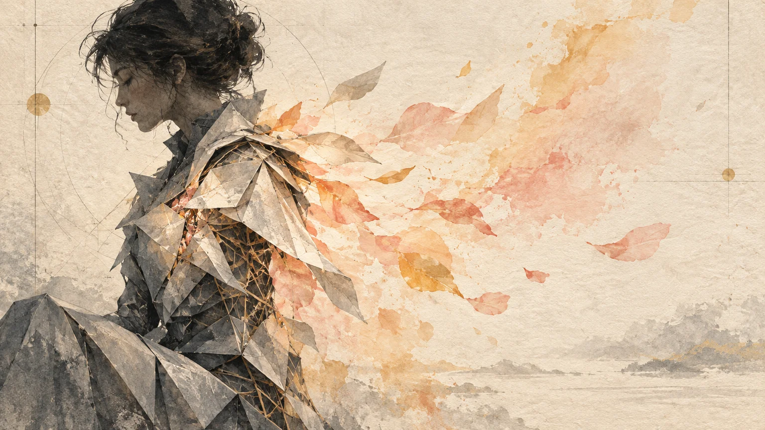 Illustration of a woman in geometric armor dissolving into floating autumn leaves and watercolor splashes.