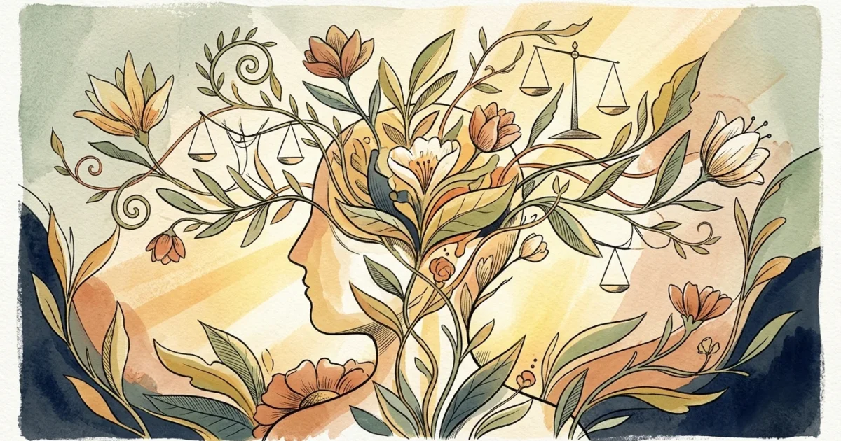 Watercolor illustration of a human head silhouette blooming with flowers, leafy vines, and hanging balance scales.