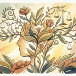 Watercolor illustration of a human head silhouette blooming with flowers, leafy vines, and hanging balance scales.