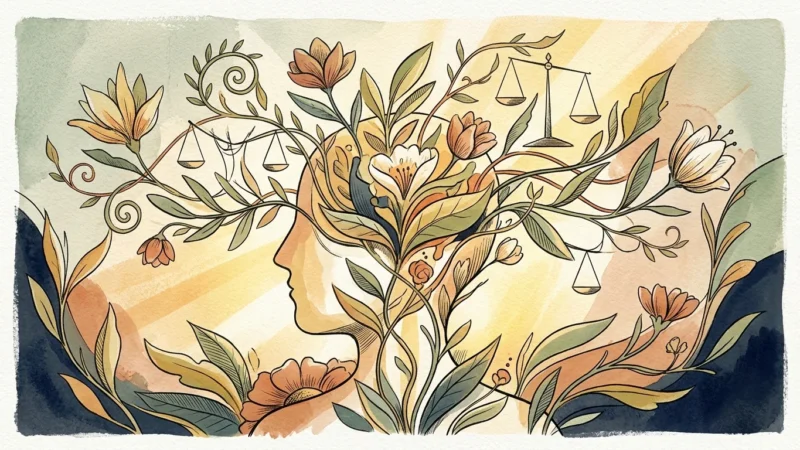Watercolor illustration of a human head silhouette blooming with flowers, leafy vines, and hanging balance scales.