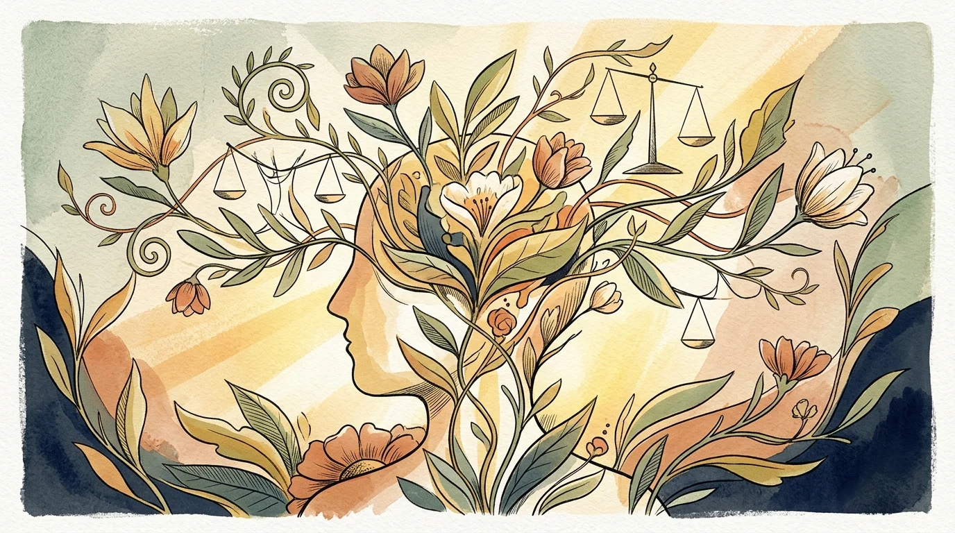 Watercolor illustration of a human head silhouette blooming with flowers, leafy vines, and hanging balance scales.