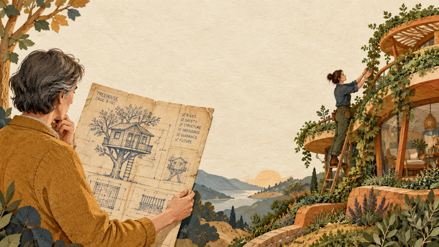 Illustration of a man holding childhood treehouse blueprints while a woman tends plants on a modern hillside home.