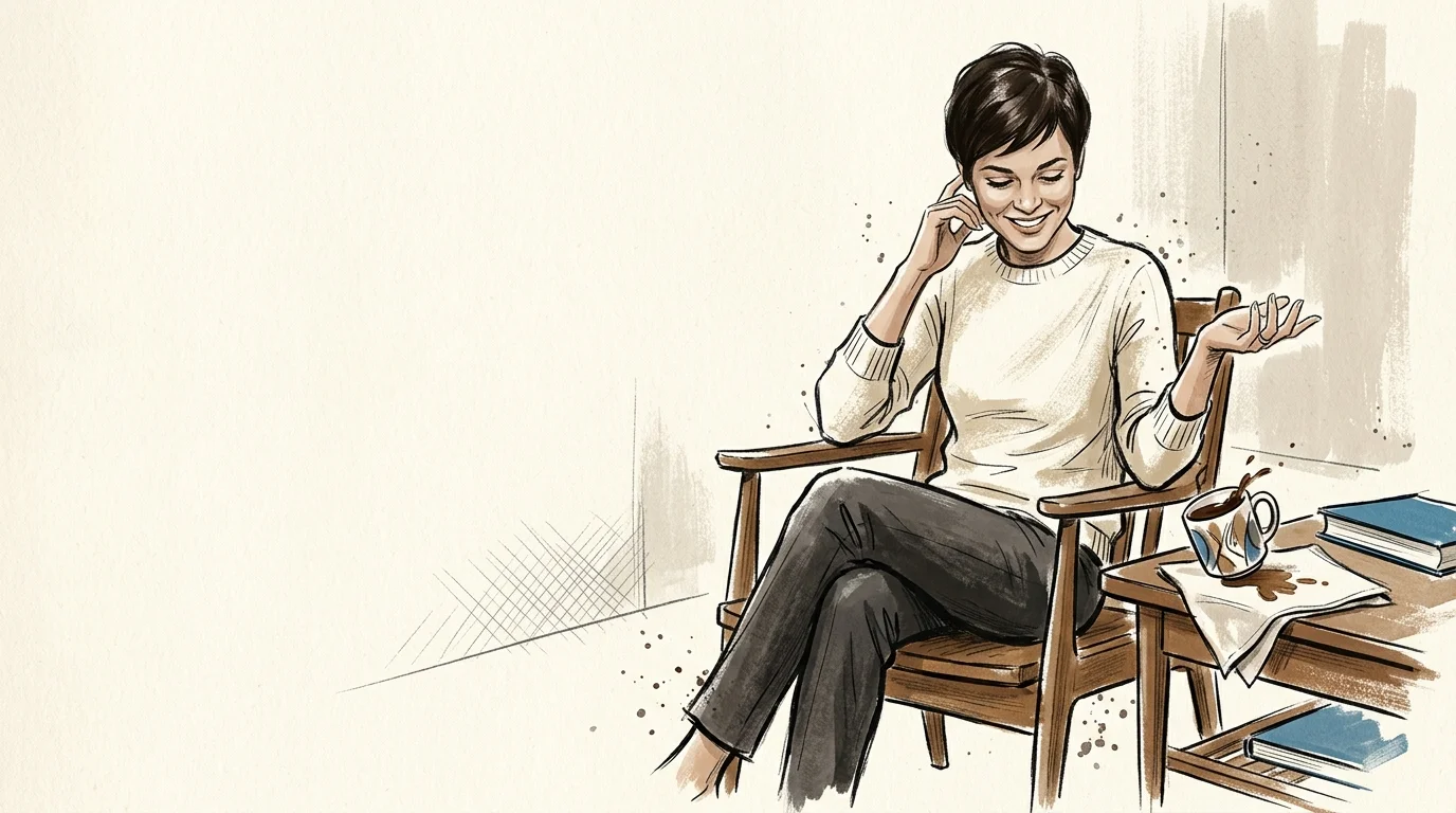 Illustration of a smiling woman seated in an armchair next to a side table with coffee spilled from a mug.
