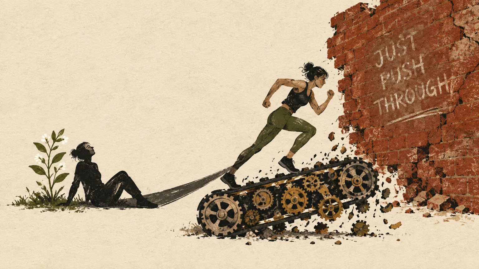 Illustration of a woman running on mechanical gears toward a brick wall reading Just Push Through, dragging her shadow.