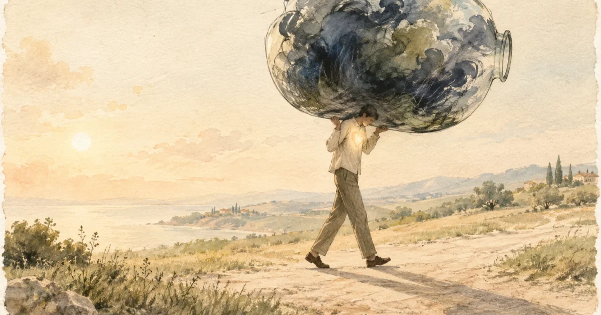 Illustration of a man walking down a dirt path carrying a giant glass jar filled with dark storm clouds on his shoulders.