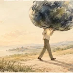 Illustration of a man walking down a dirt path carrying a giant glass jar filled with dark storm clouds on his shoulders.