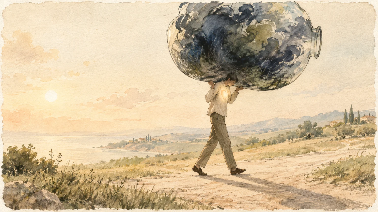 Illustration of a man walking down a dirt path carrying a giant glass jar filled with dark storm clouds on his shoulders.