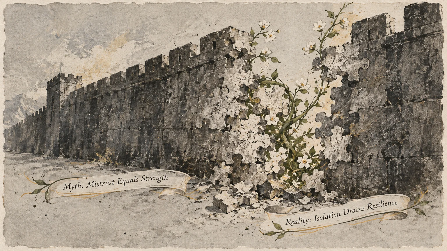 Stone fortress wall crumbling into puzzle pieces with white flowers growing through, framed by two banners.