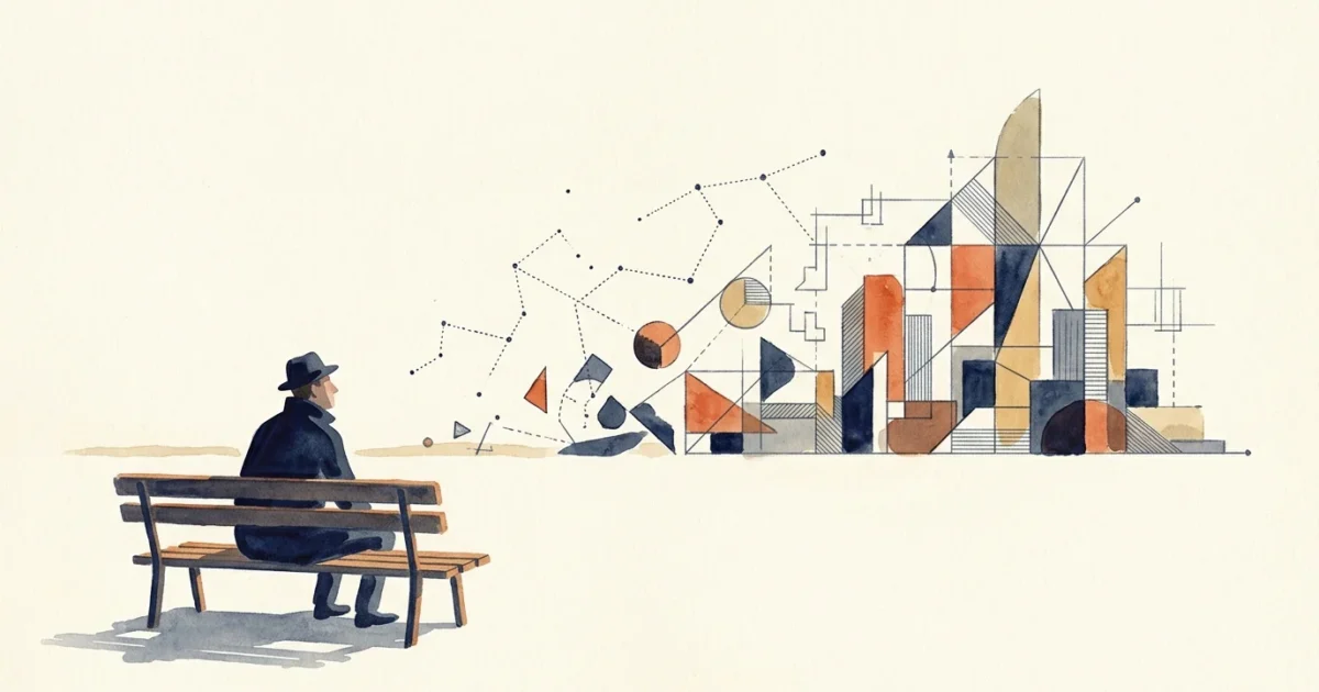 Man in a hat sitting on a bench, looking at an abstract watercolor cityscape of geometric shapes and dotted charts.