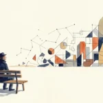Man in a hat sitting on a bench, looking at an abstract watercolor cityscape of geometric shapes and dotted charts.