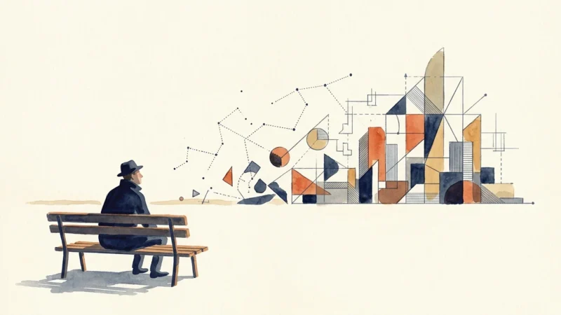 Man in a hat sitting on a bench, looking at an abstract watercolor cityscape of geometric shapes and dotted charts.